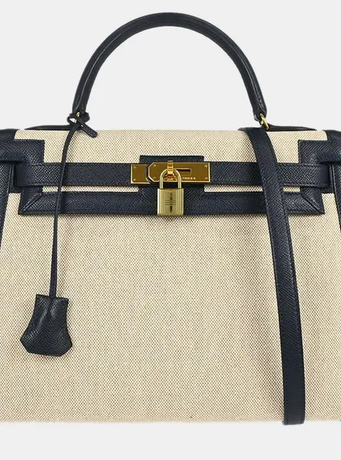Hermes Kelly 32 Blue Indigo Courchevel Leather Toile H Sellier Top Handle Bag