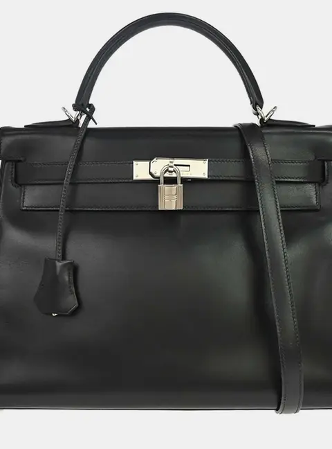 Hermes Kelly 32 Black Box Calfskin Leather Top Handle Bag