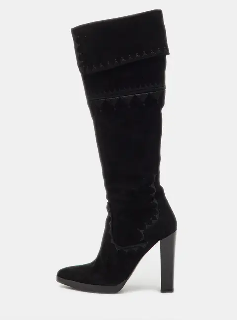 Hermes Black Suede Crusader Embroidered Knee Length Boots Size 36.5