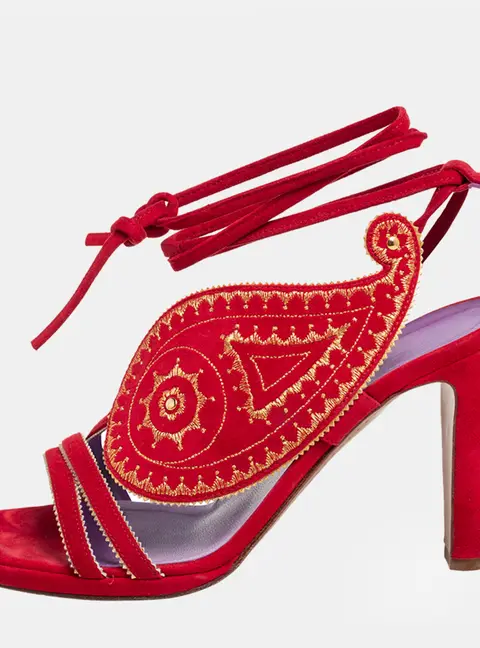 Hermes Size 39.5 Red Suede Embroidered Motif Ankle Tie Up Sandals