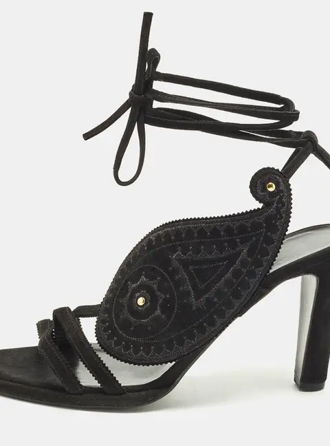 Hermes Size 38.5 Black Embroidered Paisley Suede Ankle Tie Sandals
