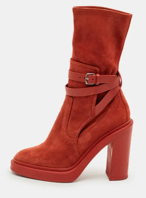Hermes Slouch Size 38 Red Leather and Suede Ankle Length Boots