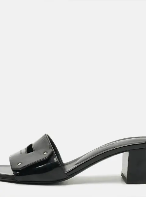 Hermes View Size 35 Black Patent Leather Slide Sandals