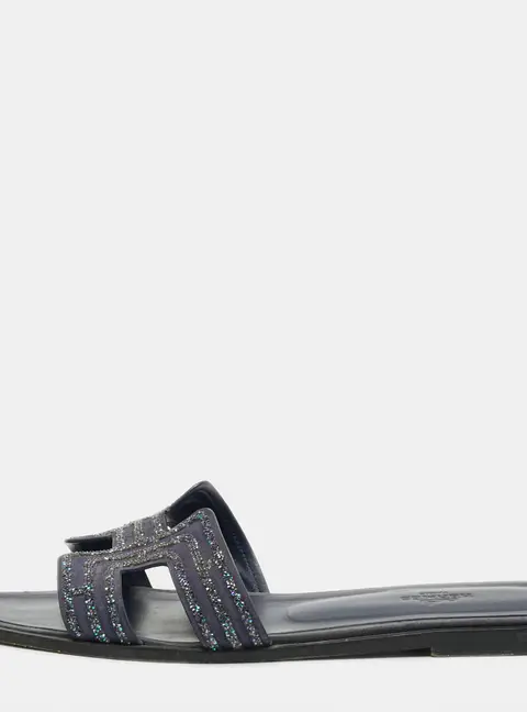 Hermes Oran Size 40.5 Navy Blue Suede Crystal Embellished Flat Slide