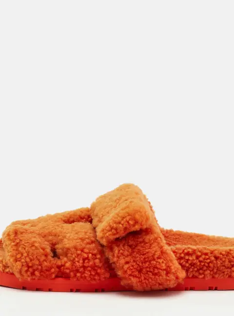 Herm&egrave;s Chypre Size 36 Orange Shearling Fur Flat Sandals