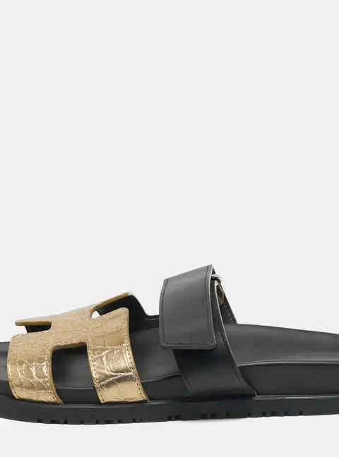 Hermes Chypre Size 38.5 Black/Gold Suede Slide Sandals