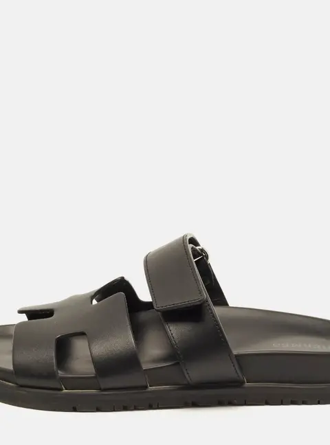 Hermes Chypre Size 36.5 Black Leather Flat Slides
