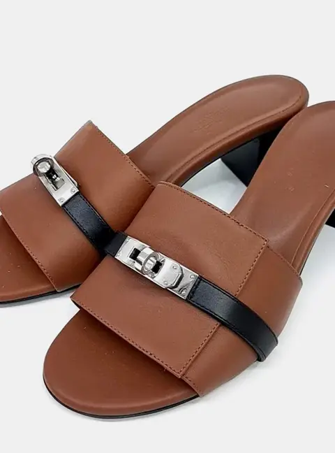 Herm&egrave;s Gigi Black/Brown Leather Slippers EU 36.5