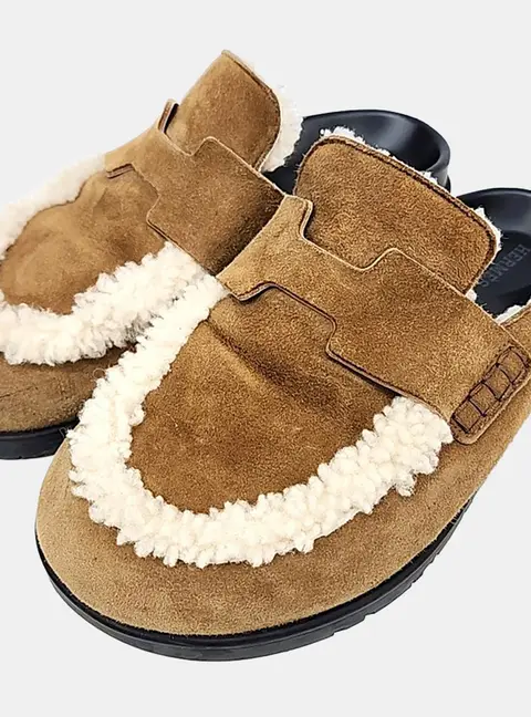 Herm&egrave;s Brown/Cream Shearling Go Mules EU 36.5