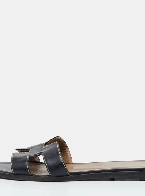 Hermes Oran Size 38 Black Leather Slide Flats