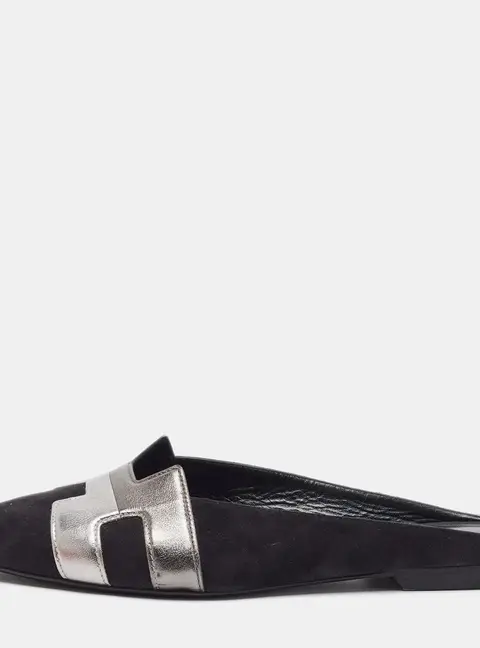 Hermes Roxane Size 37 Black/Metallic Leather and Suede Mules