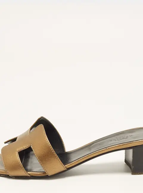 Hermes Oasis Size 36.5 Metallic Gold Leather Block Heel Slide Sandals
