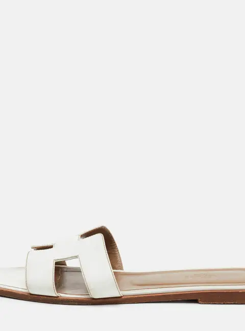 Herm&egrave;s Oran Size 40.5 White Leather Flat Slide Sandals
