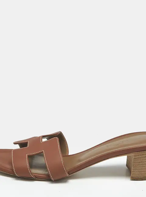 Hermes Oasis Size 38.5 Brown Leather Block Heel Slide Sandals