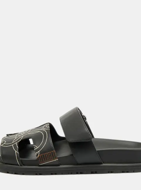 Herm&egrave;s Chypre Size 36 Black Leather Stitch Detail Slide Sandals
