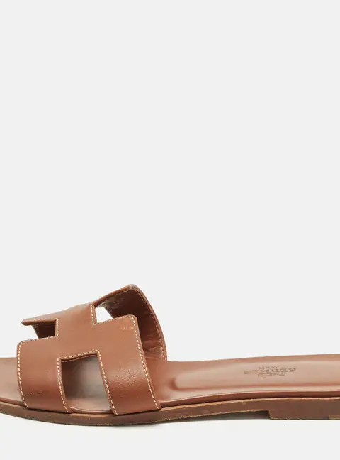 Hermes Oran Size 37 Brown Leather Flat Slide