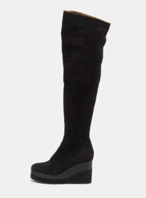 Hermes Size 38.5 Black Leather and Suede Platform Wedge Knee Length Boots