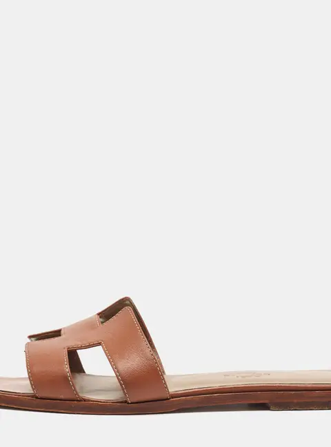 Hermes Oran Size 40 Brown Leather Flat Slides