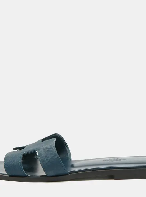 Hermes Oran Size 37.5 Blue Leather Flat Slides