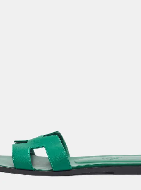 Hermes Oran Size 37.5 Green Leather Flat Slides