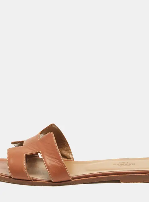 Hermes Oran Size 39.5 Brown Leather Flat Slide