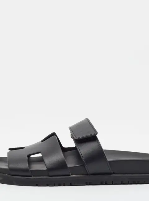 Hermes Chypre Size 36.5 Black Leather Slide Sandals