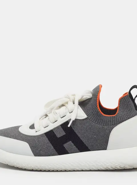 Hermes Crew Size 42 White Knit Fabric and Leather Lace Up Sneakers