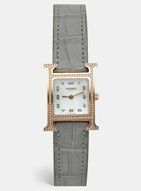 Hermes Heure H HH1.273 Mother Of Pearl Dial 18k Rose Gold Alligator Leather Diamond Women's Wristwatch 26 mm
