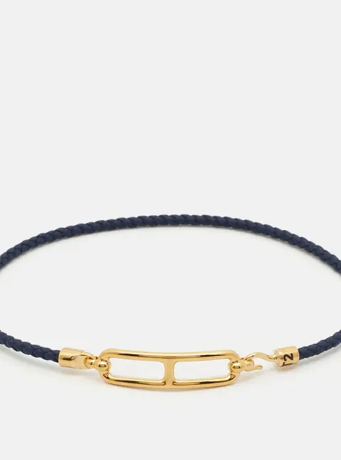 Herm&egrave;s Roulis Navy Blue Leather Gold Plated Double Tour Bracelet