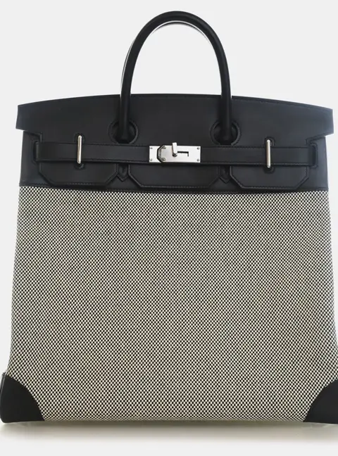 Hermes Haut a Courroies Birkin 40 Noir Criss Cross Toile Evercolor Leather Top Handle Bag