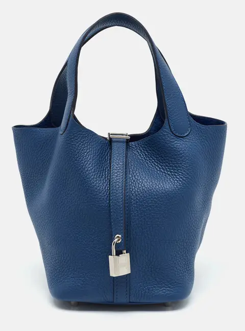 Herm&egrave;s Picotin Lock 18 Bleu Tie Taurillon Clemence Leather Tote