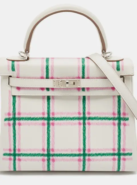 Herm&egrave;s Kelly Retourne 25 Palladium Finish Multicolor Tartan Light Swift Leather Top Handle Bag