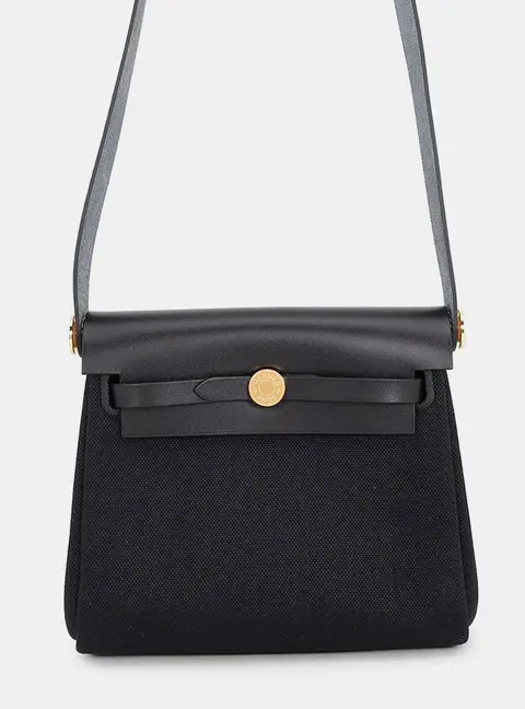 Hermes Herbag Zip Black Toile H Vache Hunter Leather Size Mini