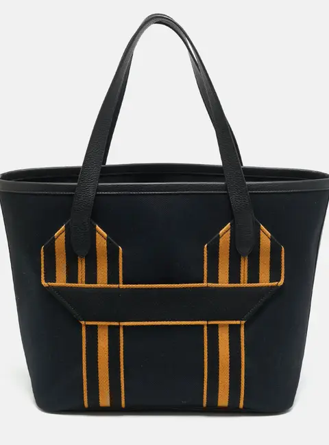 Hermes Pursangle MM Noir/Caramel Militaire Toile and Taurillon Clemence Leather Tote