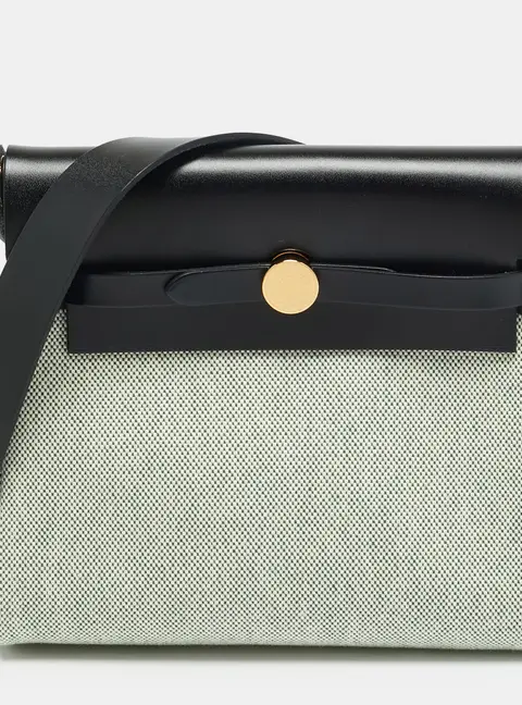 Hermes Herbag Zip 20 Vert Moyen/Noir Toile and Vache Hunter Shoulder Bag