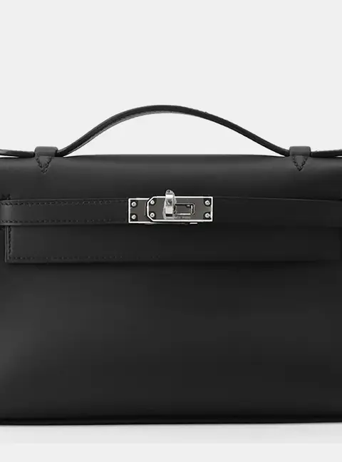 Hermes Pochette Kelly Black Swift Leather Top Handle Bag