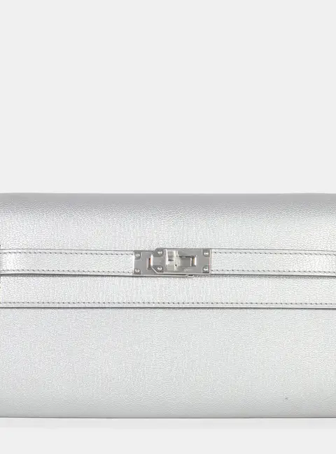 Hermes Kelly Wallet To Go Silver Chevre Chamkila Leather Shoulder Bag