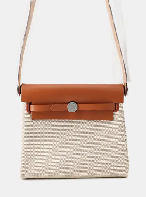 Hermes Herbag Zip Mini Ecru Fauve Toile H Vache Hunter Leather Tote Bag