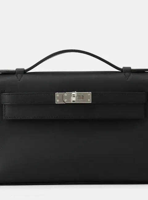 Hermes Pochette Kelly Black Swift Leather Top Handle Bag