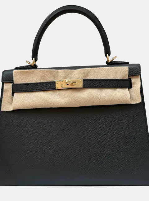 Hermes Kelly 25 Noir Epsom Calfskin Leather Top Handle Bag