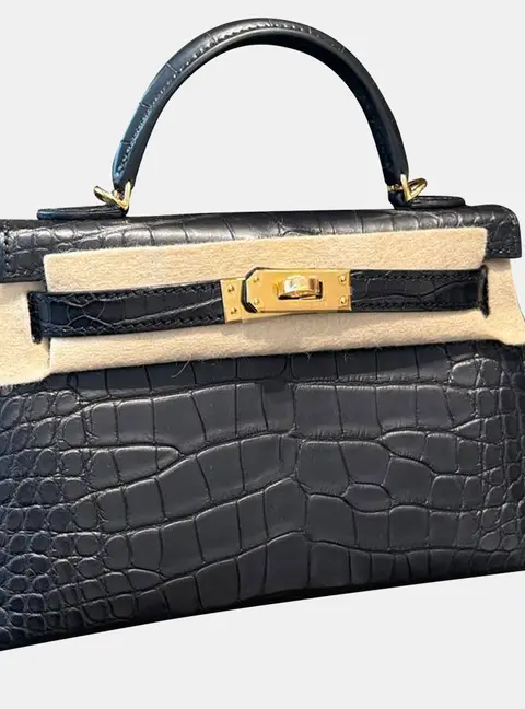 Hermes Kelly Mini Black Matte Alligator Leather Top Handle Bag