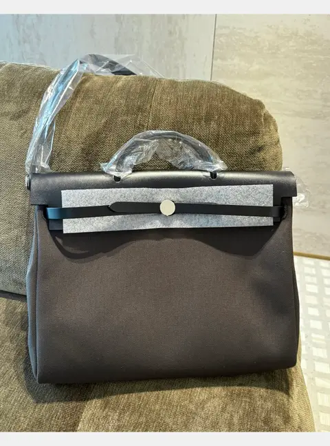 Hermes Herbag 39 Vert Bronze Black Leather Canvas Satchel Bag