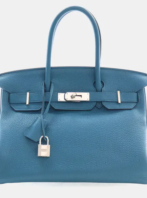 Hermes Birkin 30 Bleu Izmir Togo Calfskin Leather Top Handle Bag