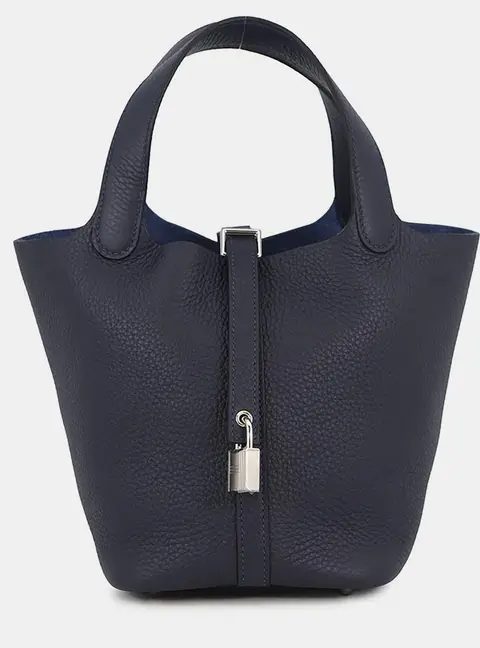 Hermes Picotin Lock 18 PM Blue Nuit Taurillon Clemence Leather Top Handle Bag