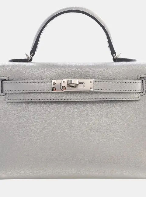 Hermes Kelly Sellier Mini Argent Metallic Chevre Chamkilight Goatskin Leather Top Handle Bag