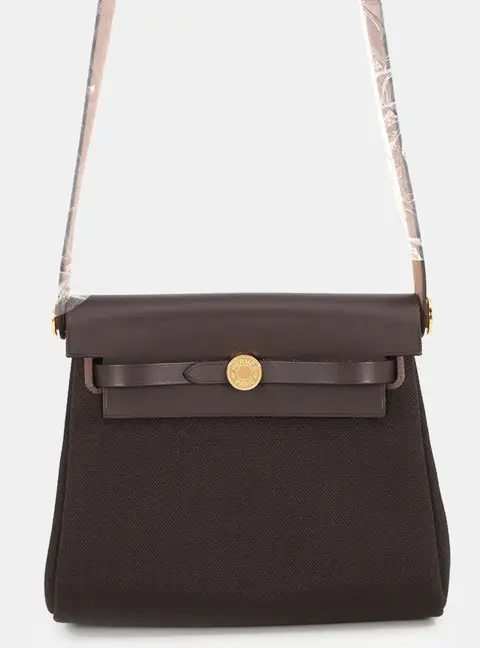 Hermes Herbag Zip Mini Ebene Toile Canvas Vache Hunter Leather Tote Bag