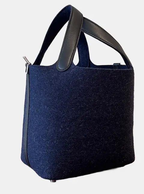 Hermes Picotin 18 Bleu Nuit Tweed Swift Leather Top Handle Bag