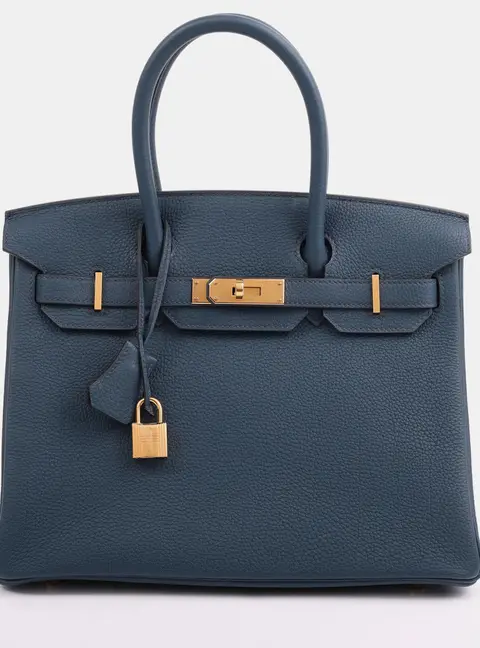 Hermes Birkin 30 Bleu de Prusse Togo Calfskin Leather Top Handle Bag