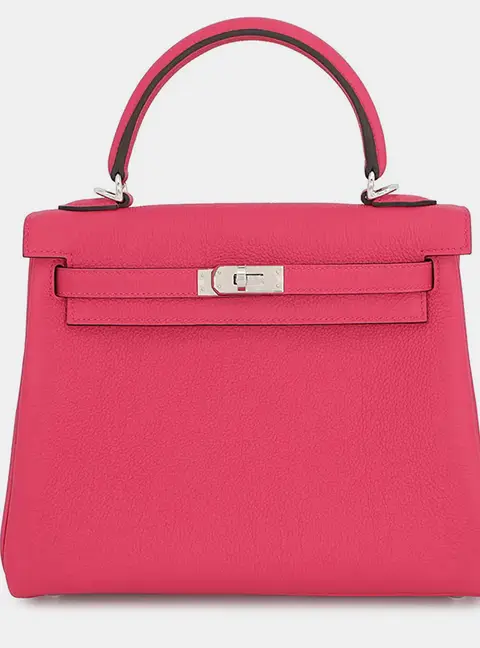 Hermes Kelly Retourne 25 Rose Mexico Togo Calfskin Leather Top Handle Bag
