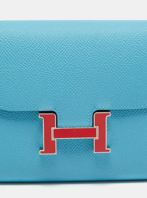 Hermes Constance Passant Bleu du Nord/Rouge Epsom Leather Compact Wallet